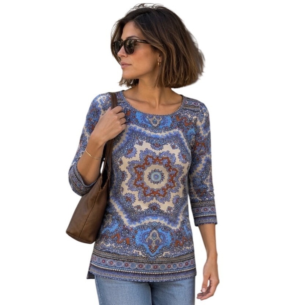 J. McLaughlin S Blue Paisley Medallion Tunic Top 3/4 Sleeve Preppy Resort